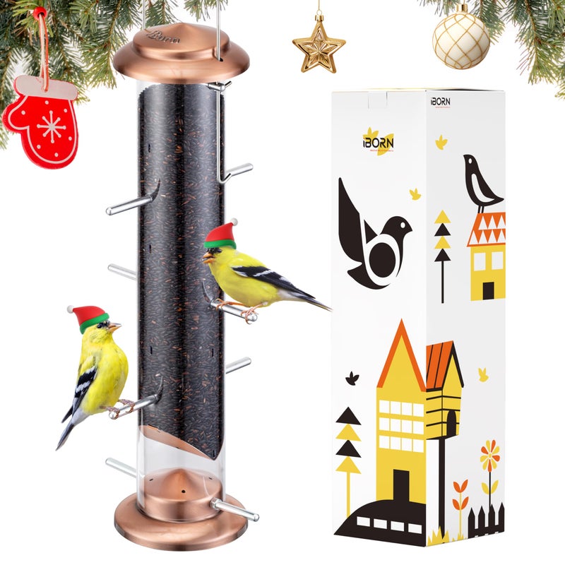 iBorn Nyjer & Thistle Bird Feeder for Outdoors Hangingï¼ŒFinch Feeders for Outsideï¼ŒMetal Tube Bird Feeder 14 Inch with 12 Small Ports,8 Metal Perches,Copper - Image 1